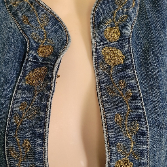 Blue Identity Gold Floral Metallic Open Front Blue Denim Jacket Size Women's 1X - Picture 5 of 11